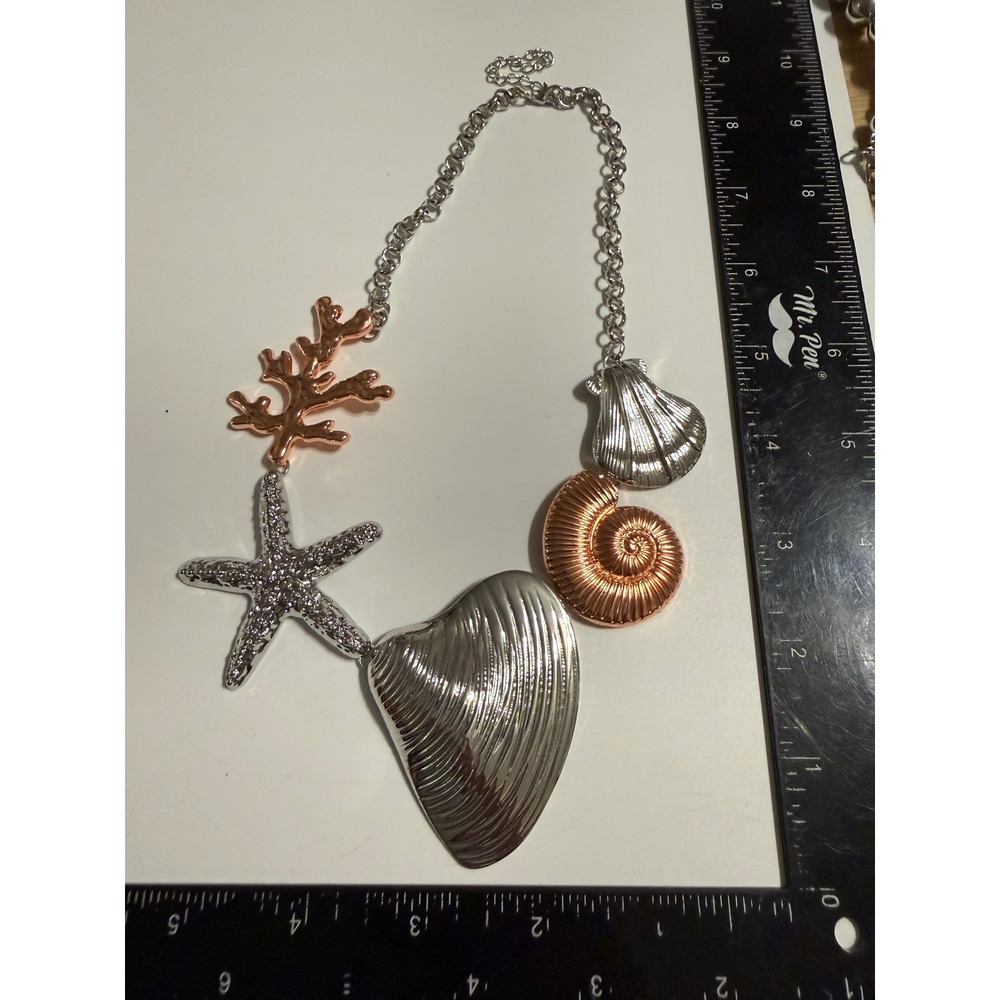 Mixed Metal Sea Shell Starfish Coral Statement Necklace Silver Rose Gold Tone